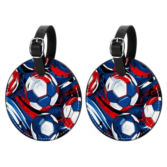 Football Set of 2pcs PU Leather Round Suitcase Tags with Privacy Cover and Name ID Tag - Ideal for Travel Luggage, Handbags, Backpacks, School Bags