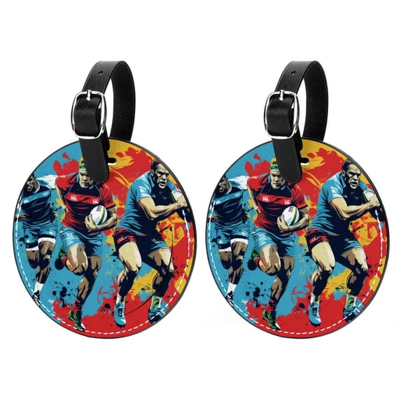 Football Set of 2pcs PU Leather Round Suitcase Tags with Privacy Cover and Name ID Tag - Ideal for Travel Luggage, Handbags, Backpacks, School Bags