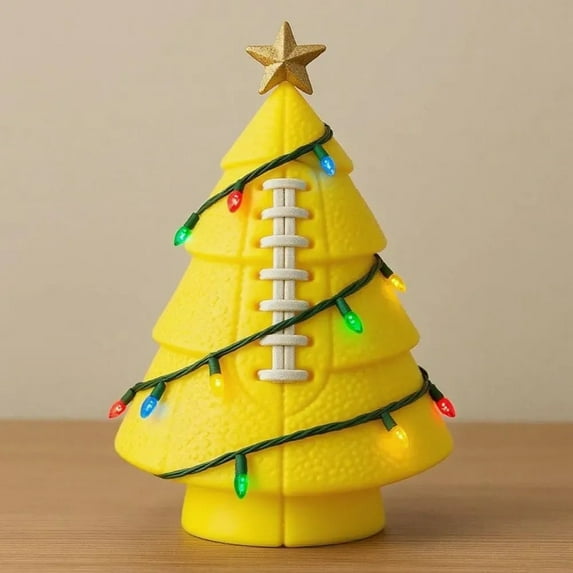 Football Shaped Christmas Tree Decor Sports Ball Tree with Colorful LED Lights Gold Star Topper Unique Holiday Decoration for Desk Table Shelf Man Cave