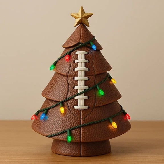 Football Shaped Christmas Tree Decor with Colorful Lights and Gold Star for Sports Fans
