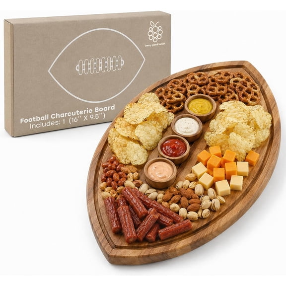 Football Shaped Cutting Board 16X9.5 Inch Acacia Wood Charcuterie Tray Wooden American Football Serving Platter for Super Bowl Parties, Tailgate Hosting & Gifts