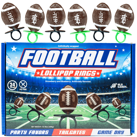 Football-Shaped Lollipop Rings Strawberry & Blueberry Flavor, Individually Wrapped, 24ct Box