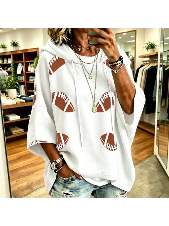 Football Shirts for Women Game Day Shirt Lounge Daily Outfit Football Season Long Sleeve Mom Shirts Oversized Hoodie Loose Fit Blouse Comfort Hoodie Workout Tops Game Day Sweatshirts Gift White