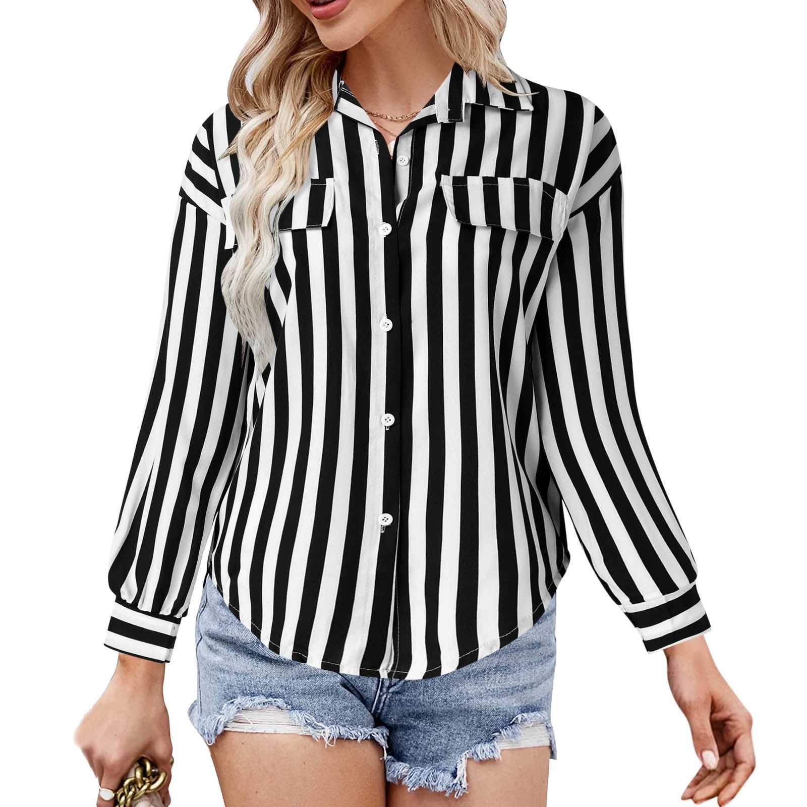 Football Shirts for Women V Neck Denim Shirts for Juniors Women Casual Lapel Button Stripe Print 