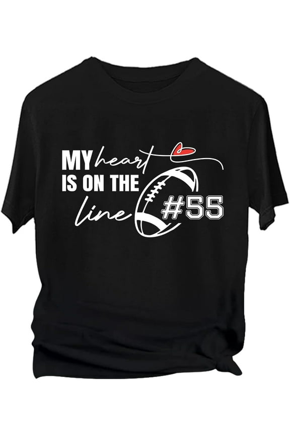 Football Shirts for Mom Custom Player's Number Shirt My Heart is On The Line Football Offensive Lineman Funny Shirt