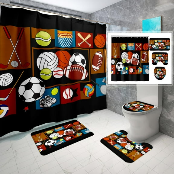 Football Shower Curtain Sets - 4PCS Sports Shower Curtain Set for Boys Bathroom Decor Bathroom Set with Football Shower Curtain and Rugs, Toilet Cover and Bath Mat, 12 Hooks