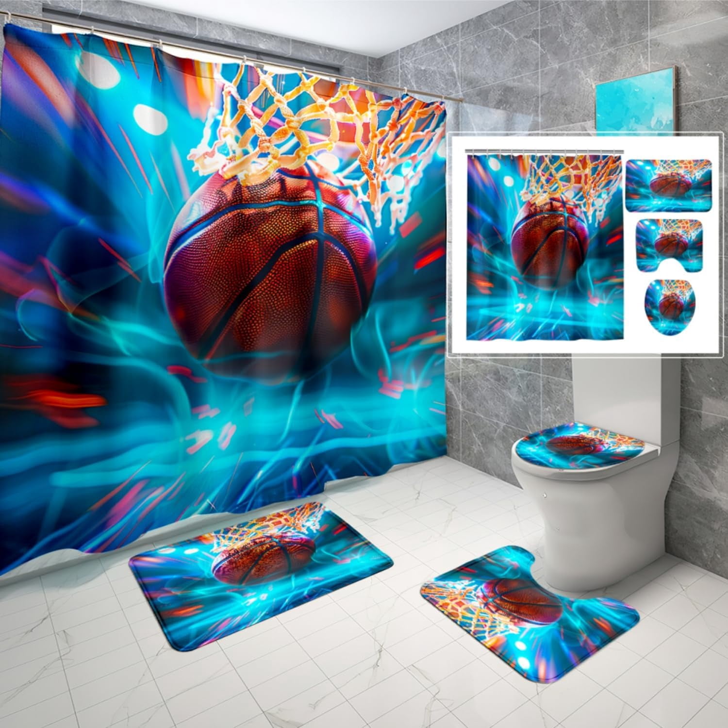 Football Shower Curtain Sets - 4PCS Sports Shower Curtain Set for Boys Bathroom Decor Bathroom Set with Football Shower Curtain and Rugs, Toilet Cover and Bath Mat, 12 Hooks