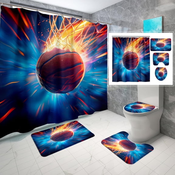 Basketball Shower Curtain Set - 4PCS Sports Shower Curtain Sets for Kids and Teen Boys Bathroom Shower Curtain Set Purple Basketball Bathroom Set with Rug, Toilet Cover and Bath Mat, 12 Hooks