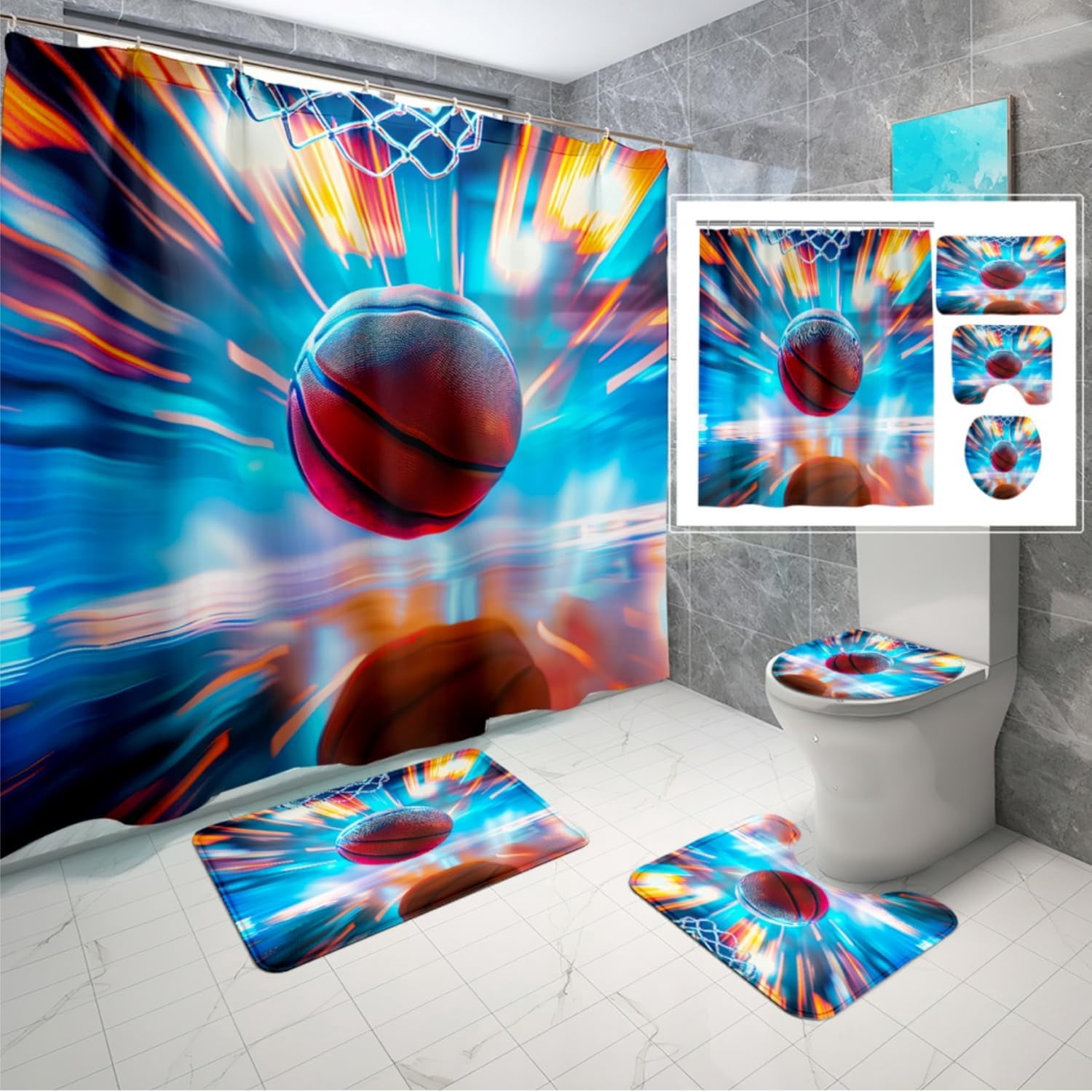 Basketball Shower Curtain Set - 4PCS Sports Shower Curtain Sets for Kids and Teen Boys Bathroom Shower Curtain Set Purple Basketball Bathroom Set with Rug, Toilet Cover and Bath Mat, 12 Hooks