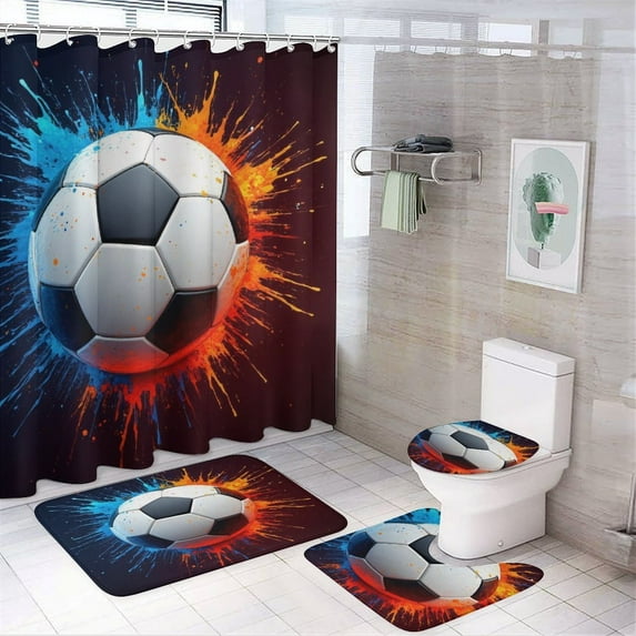 Football Shower Curtain Sets Non-Slip Rugs Bath Mat Toilet Cover U Shaped Mat 4 Pcs