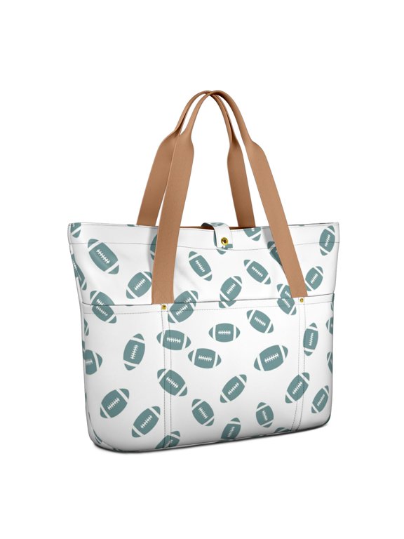Football Silhouette Green Pattern Large Tote Bag for Women, Polyester Roomy Beach Bag with Pockets and Zipper, Foldable Gifts Ideas for Mom Wife Friend