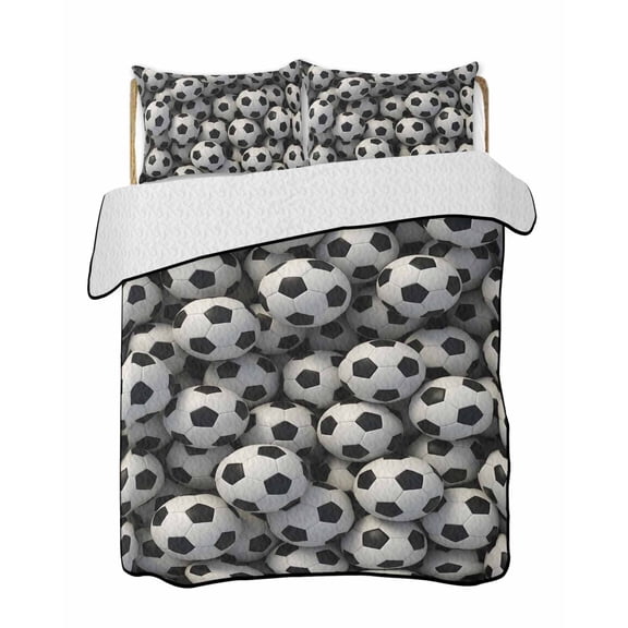Football Soccer Sport Quilts Bedding Set Twin Size Black White Soccer Ball Gaming Sport Geometric Lightweight Quilted Bedspread 3 Piece Bed Quilt with 2 Pillow Shams All Season for Bedroom 68" x 86"