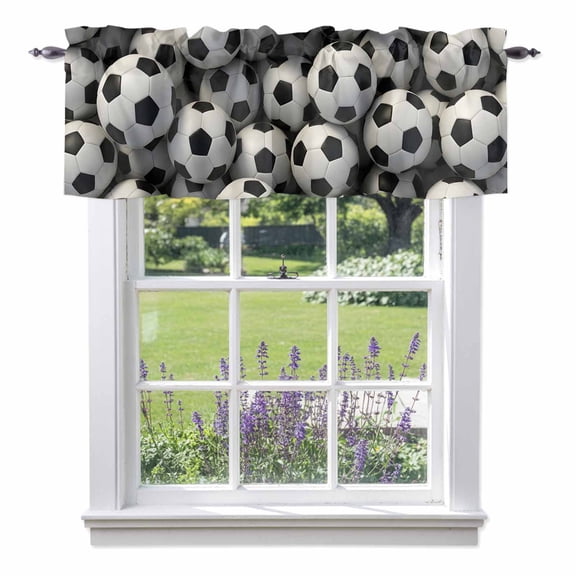 Football Soccer Sport Valance Curtain for Windows Black White Soccer Ball Gaming Sport Geometric Rod Pocket Curtain Valances Short Window Treatments for Kitchen Bathroom Laundry Basement 60 x 18 Inch