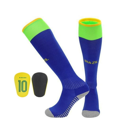Football Socks with Mini Shin Guards for Adults & Kids - Cushioned Ankle Grip,Moisture-Wicking Polyester,Team Print Brazil Design