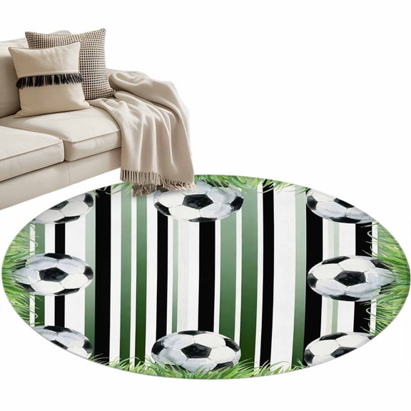 Football Sport Round Rug 4ft Washable Circle Entryway Rugs Non Slip Modern Lawn Balls Gaming Green Black Lines Area Rug Indoor Carpet for Bedroom Kitchen Living Room Home Office Dining Room Nursery