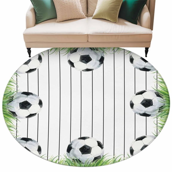 Football Sport Round Rug 6ft Washable Circle Kitchen Rugs Non Slip Modern Grass Lawn Balls Gaming Black Lines Large Area Rug Indoor Carpet for Bedroom Living Room Home Office Dining Room Nursery