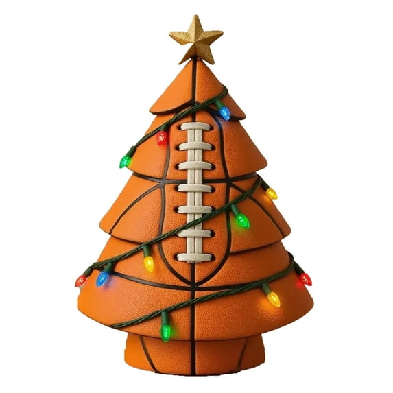 Football Sports Ball Christmas Tree Decoration – Unique Holiday Ornament with Lights & Gold Star, Fun Gift for Sports Fans, Game Room, Office or Man Cave Décor