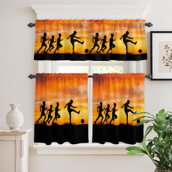 Football Sports Competition Curtain Tier and Valance Set 3 Piece,Sunset Background 3-inch Rod Pocket Window Tier Curtains Valance for Kitchen Living Room