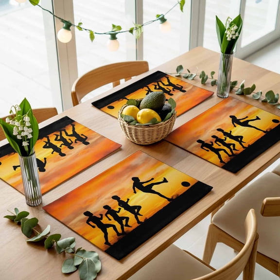 Football Sports Competition Placemats Set of 4,Wipeable Washable Table Mats for Dining Tables, Sunset Background Place Mats for Kitchen Event Party Tabletop Decor