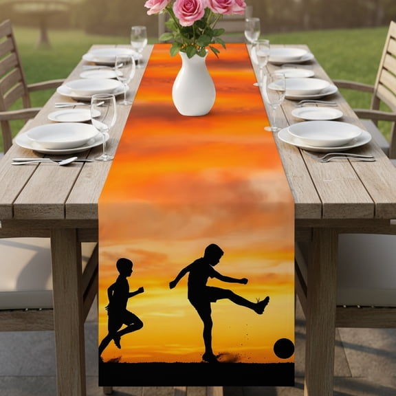 Football Sports Competition Table Runner 13x36in Non-Slip Cotton Linen Table Runners, Sunset Background Dresser Scarves TableRunner for Dinner Kitchen Dining Wedding Party