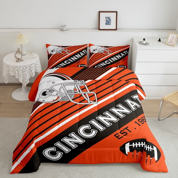 Football Sports Decor Queen Comforter for Boys Girls Bedroom, American Football City Bedding Comforter Sets Orange and Black Football Team Bedding Graffiti 3D Helmet Quilt 3 Pieces (Cincinnati)