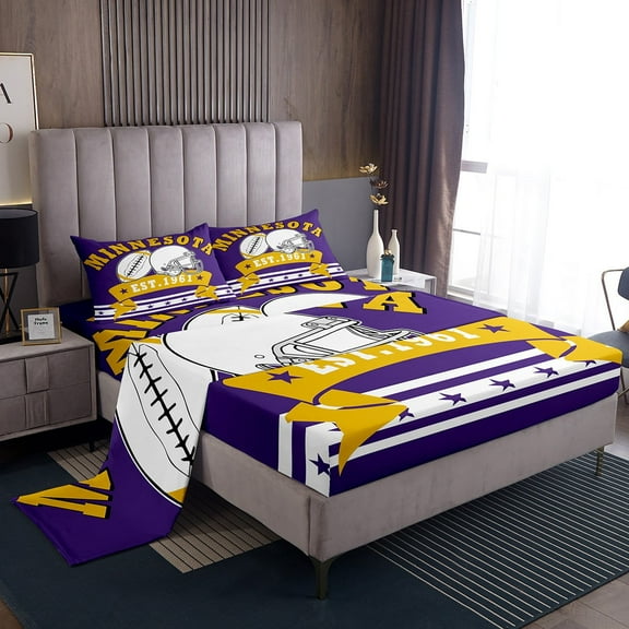 Football Sports Lovers Bed Sheets Set Full 4 Pieces American Football City Sheets, Football Teams Sheet Set Adults 3D Rugby Game Flat Fitted Sheet 4Pcs (Minnesota)