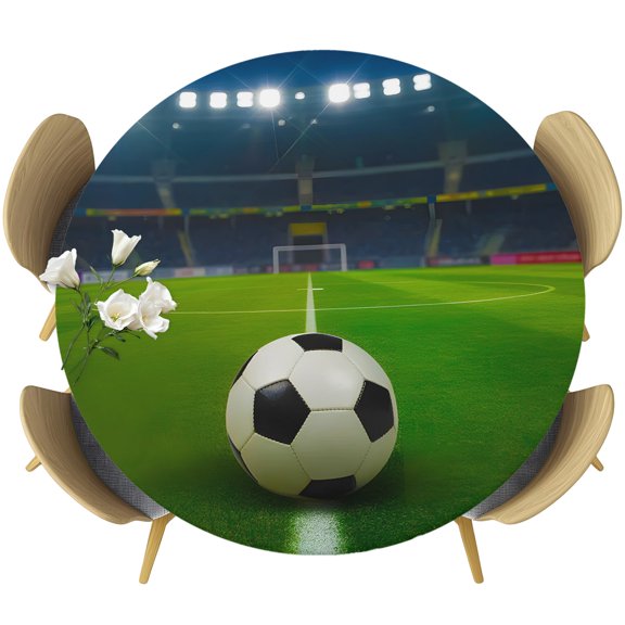 Football Sports Round Tablecloth 36-44 Inch Round Fitted Table Cloth with Elastic Edge, Modern Stadium Lighting Balls Gaming Waterproof Table Cover Protector for Outdoor Picnic Party Dining