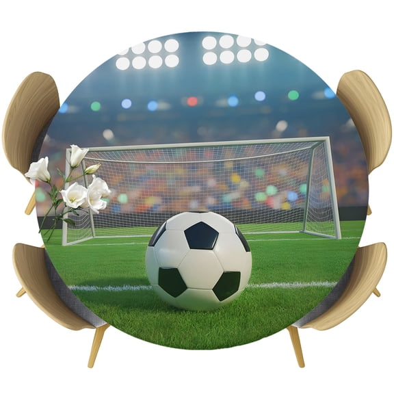 Football Stadium Lighting Round Tablecloth 36-44 Inch Round Fitted Table Cloth with Elastic Edge, Football Match Gaming Goal Waterproof Table Cover Protector for Outdoor Picnic Party Dining