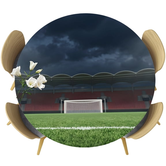 Football Stadium Lighting Round Tablecloth 36-44 Inch Round Fitted Table Cloth with Elastic Edge, Modern Balls Sports Goal Waterproof Table Cover Protector for Outdoor Picnic Party Dining