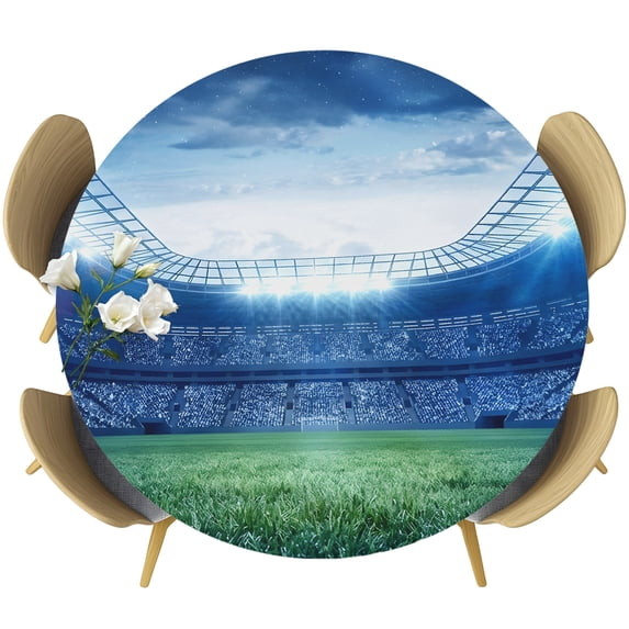 Football Stadium Round Tablecloth 55-60 Inch Round Fitted Table Cloth with Elastic Edge, Blue Green Sport Modern Art Waterproof Table Cover Protector for Outdoor Picnic Party Dining