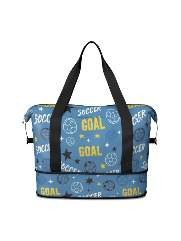 Football and Star Blue Pattern Expandable Travel Tote Bag, Overnight Carry on Bag with Dry Wet Pockets, Waterproof Dacron Gift Ideas for Holiday Birthday Gifts