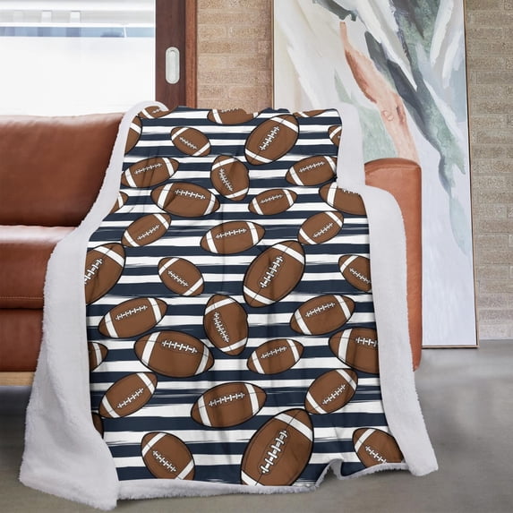 Football Stripe Darkblue Pattern Soft Sherpa Fleece Throw Blanket, Warm Cozy Plush Blanket for Sofa Bed Couch, All Season, 60"x80"