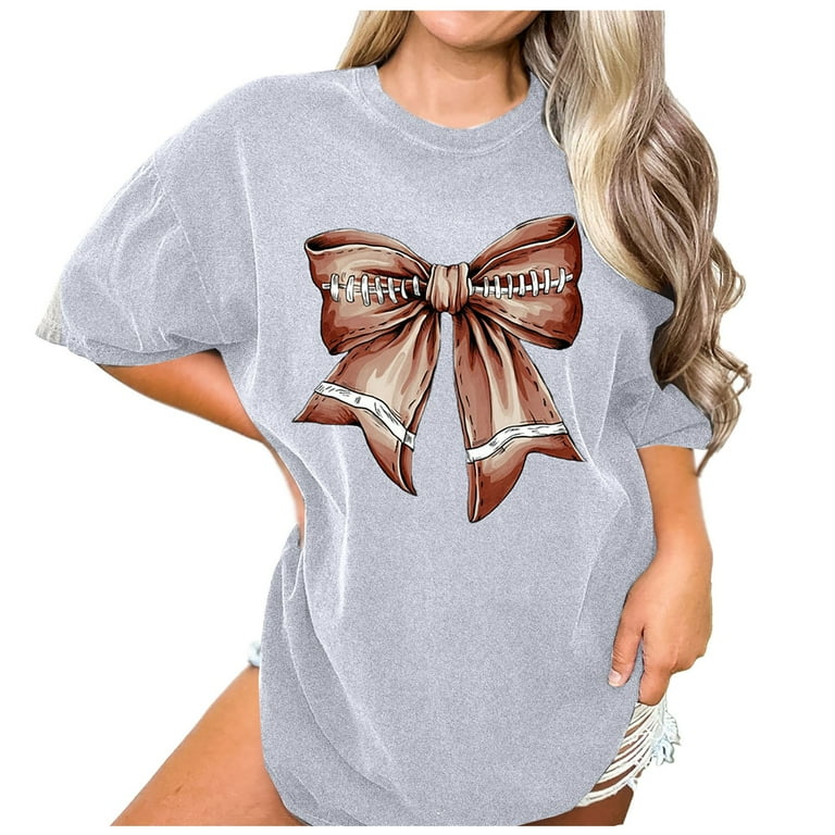 Football T-Shirts for Women Football Bow Graphic Short Sleeve Crew