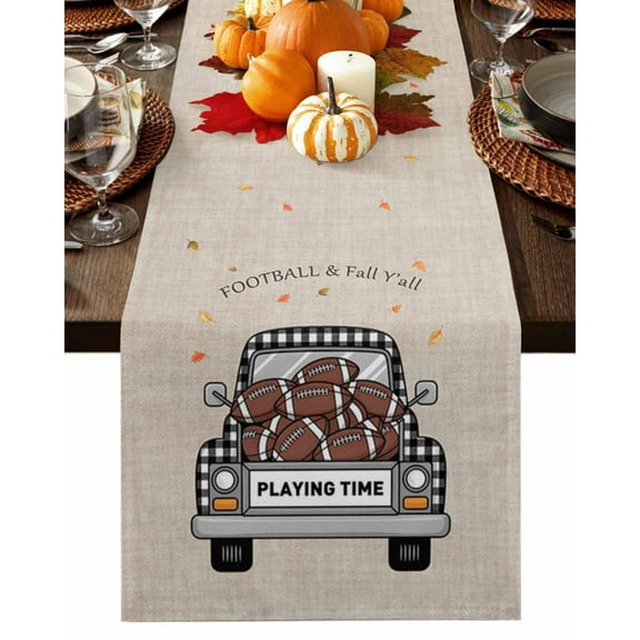 Football Table Runner-36 Inch Long Fall Y'all Truck on Vintage Linen Table Runners Linen Burlap Tablerunner for Kitchen Dining Room Holiday Party