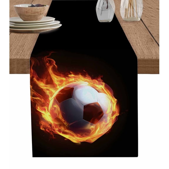 Football Table Runner 72 Inches, Modern Buruning Flame Sport Black Background Bed Runner Dresser Scarves Tabletop for Indoor Outdoor Parties/Ceremony/Banquet, 14" x 72"