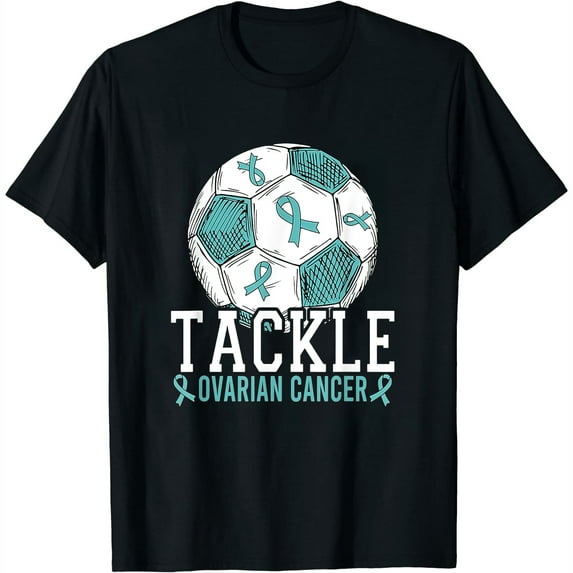Football Tackle Ovarian Cancer Awareness Women Teal Ribbon T-Shirt Black Medium