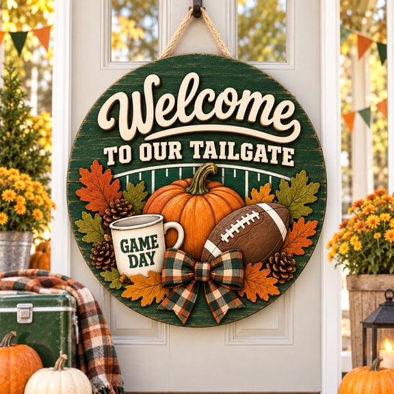 Football Tailgate Pumpkin Leaves Wooden Door Sign for Autumn Game Day Decor