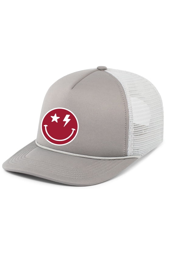 Football Team Color Embroidered Alabama Happy Face With Lightning Eyes Rope Foam Front Trucker Hat, Graphite/Silver/Grahite