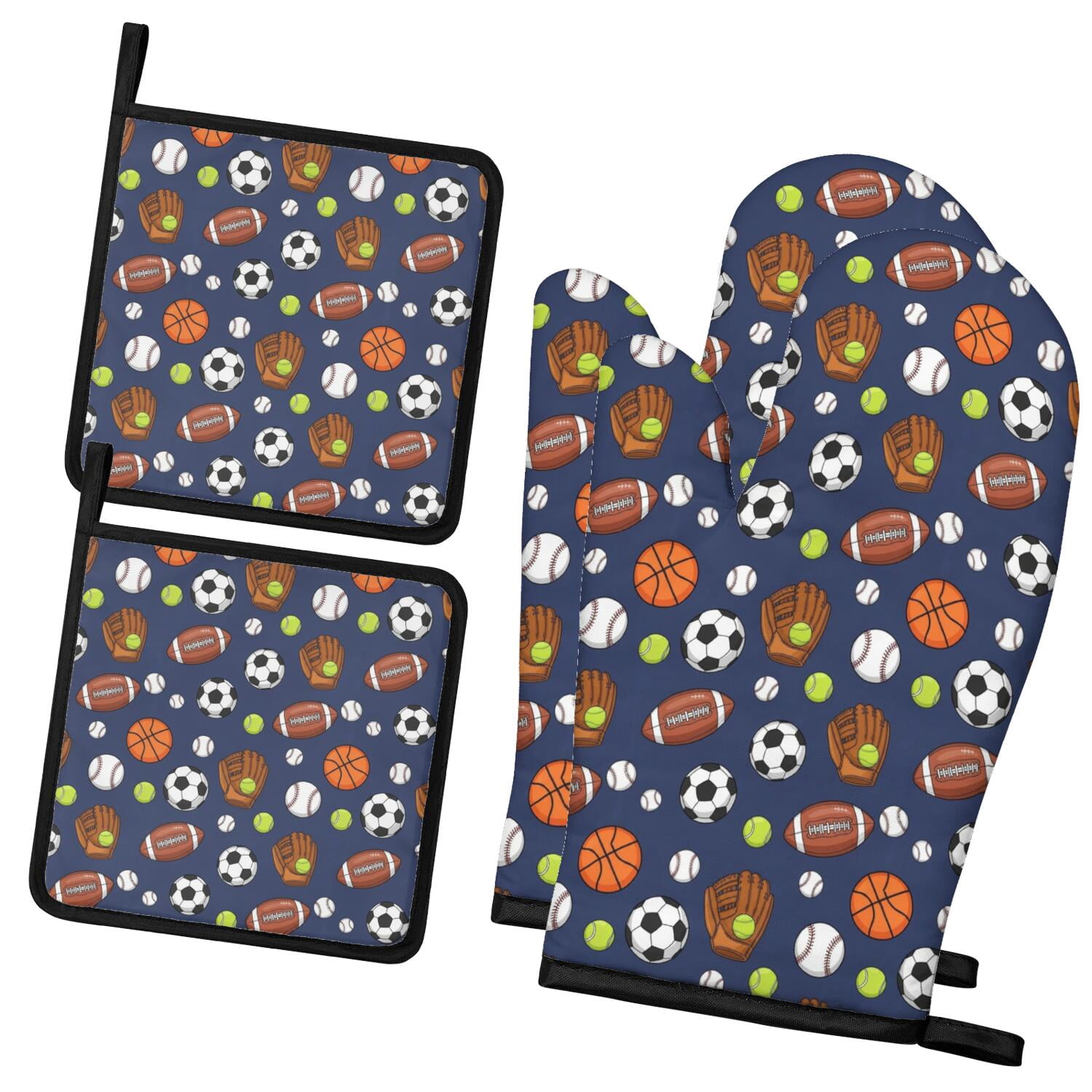 Football and Tennisball Navy Pattern 2 Pack Oven Mitts Pot Holders Set ...