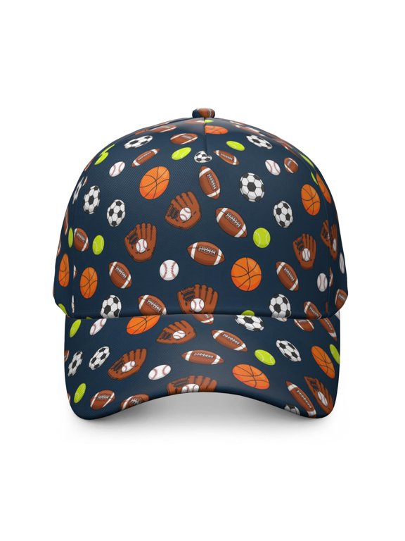 Football and Tennisball Navy Pattern Baseball Cap, Structured Flat Bill Hat with Snap Closure & Sweatband, Breathable Eyelets Gifts for Sports Outdoor Travel