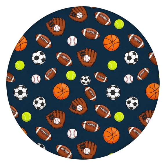 Football and Tennisball Navy Pattern Round Fitted Tablecloth with Elastic Edge, Waterproof Dining Table Cover for Indoor Outdoor Camping and Daily Use