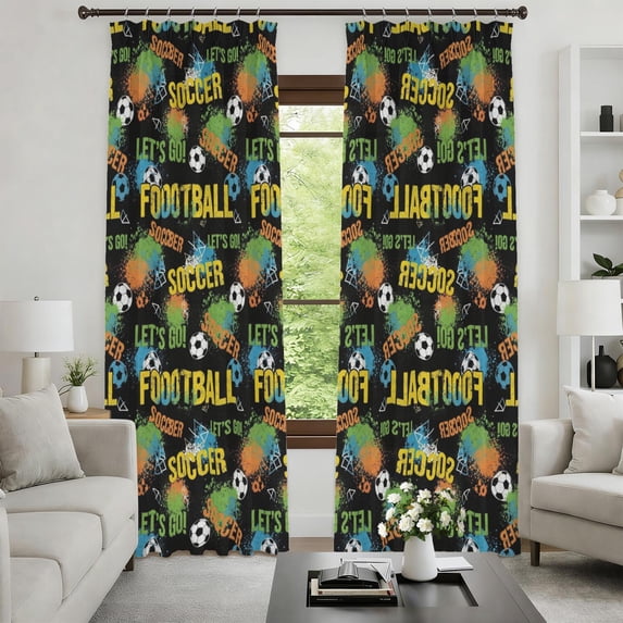 Football and Text Black Pinch Pleat Semi Sheer Linen Curtains, Pinch ...