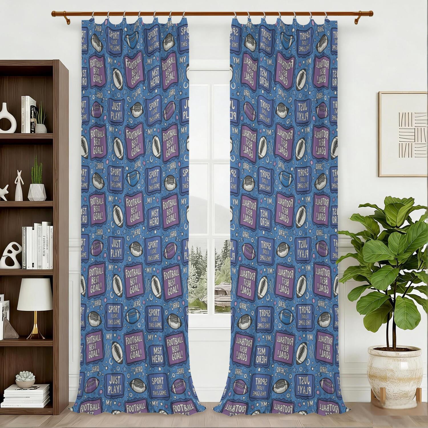 Food Pattern Text Football Text Blue Pattern Pinch Pleat Semi Sheer Linen Curtains, Semi ...