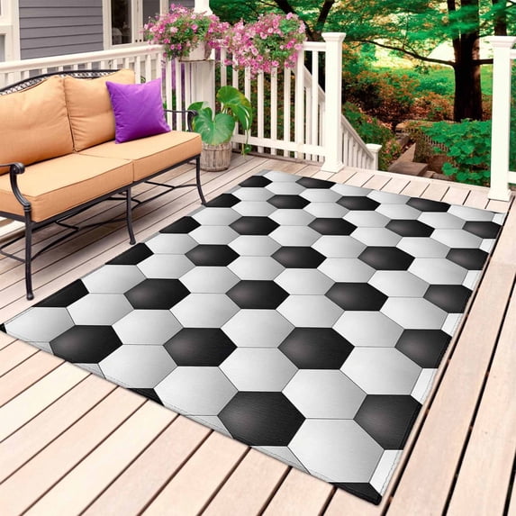Football Texture Outdoor Rug for Patio/Deck/Porch, Non-Slip Large Area Rug 5 x 7 Ft, Abstract Art Black White Hexagon Indoor Outdoor Rugs Washable Area Rugs, Reversible Camping Rug Carpet Runner