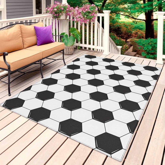 Football Texture Outdoor Rug for Patio/Deck/Porch, Non-Slip Large Area Rug 5 x 7 Ft, Modern Abstract Black White Hexagon Indoor Outdoor Rugs Washable Area Rugs, Reversible Camping Rug Carpet Runner