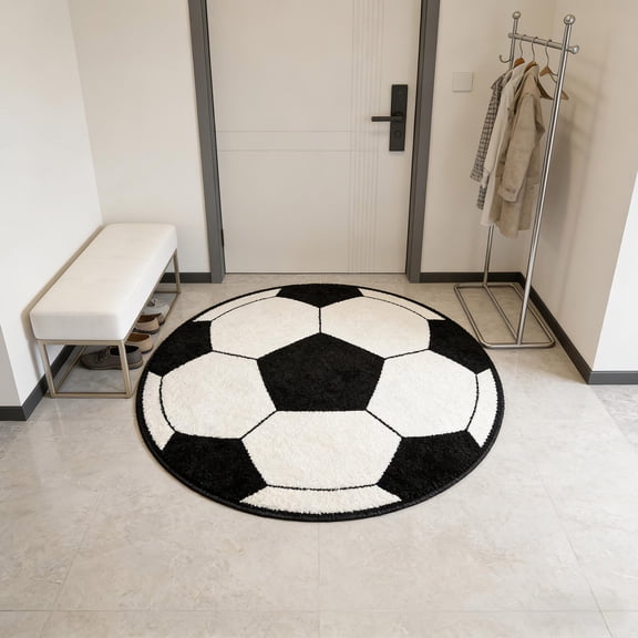 Football Themed Rug, 23.6 Inch Black Polyester Mat, for Bedroom, Porch, Hallway, Dorm, Soccer Party Decor