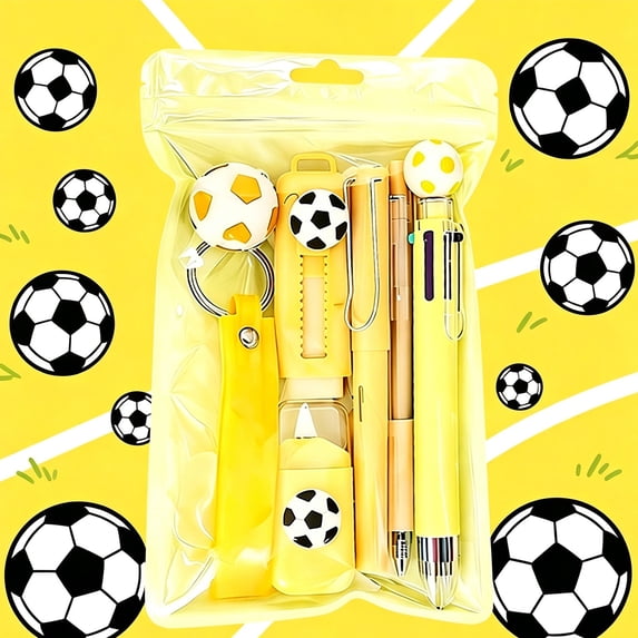 Football Themed Stationery Set 6-in-1 with Pens Tape Keychain for Students Sports Fans Gift,1PC,Yellow