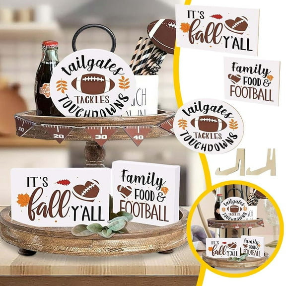Football Themed Tiered Tray Set with Thanksgiving Maple Fall Wooden Signs for Farmhouse Seasonal Display