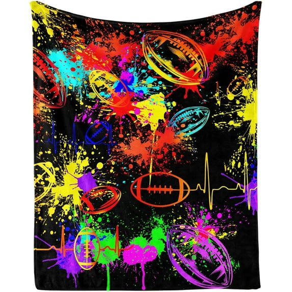 Football Throw Blanket, 50" x 40" Flannel Cool Rugby Themed Stuffed Sport Brown Blankets, Soft Nap Throw Blankets for Home Boys Girls Women Men American Football Lovers Gifts