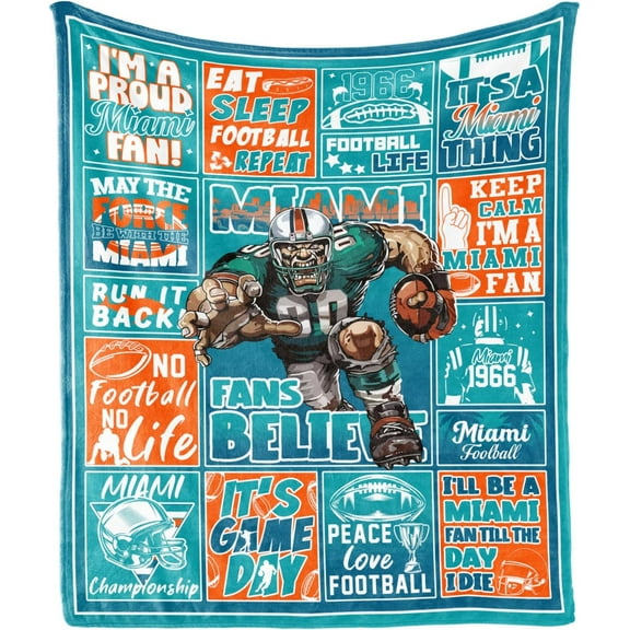 Football Throw Blanket 60"x50", Football Team Color Gifts for Miami Fans, Football Lovers Gifts, Super Cozy Soft Living Room Flannel Blanket